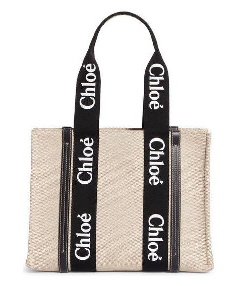 Chloe Medium Woody Logo Strap Canvas Tote Black